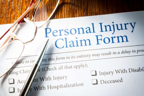 Personal Injury Claim form with pen and glasses